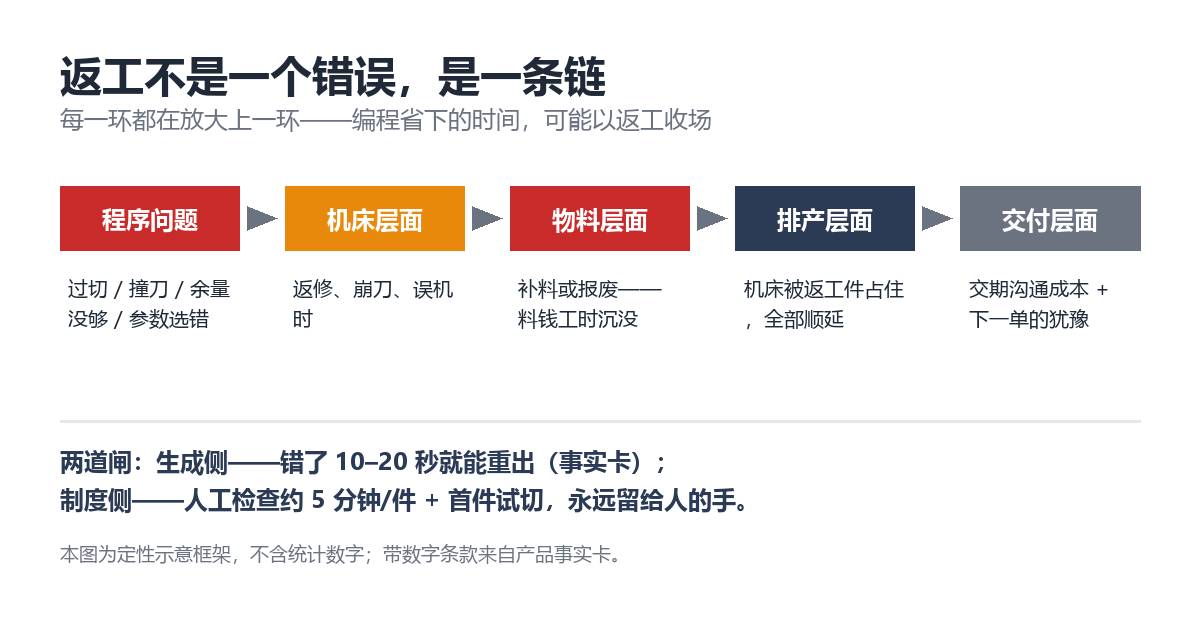 编程返工的传导链条：程序问题 → 机床 → 物料 → 排产 → 交付，一环放大一环（示意框架，非统计结论）